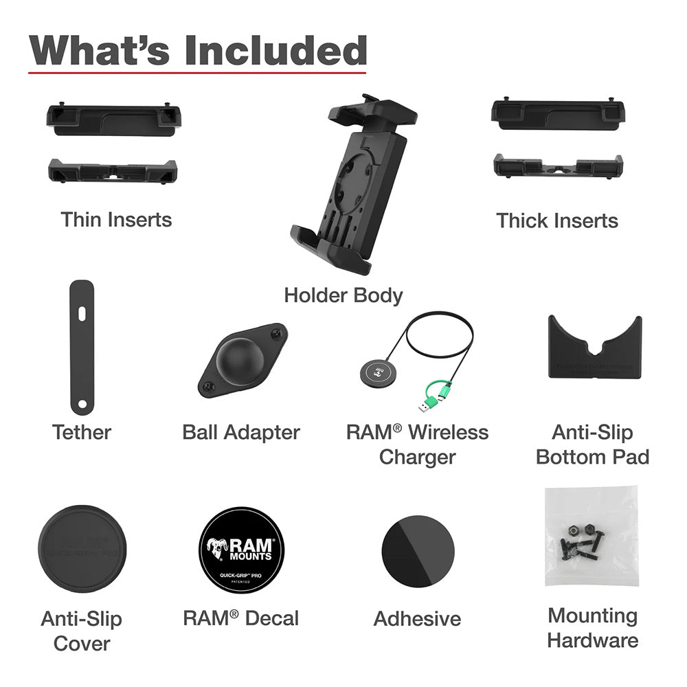 Ram Mount RAM QuickGrip Pro XL wBall Qi2 15W Wireless Charger RAMHOLPD7BW2MU